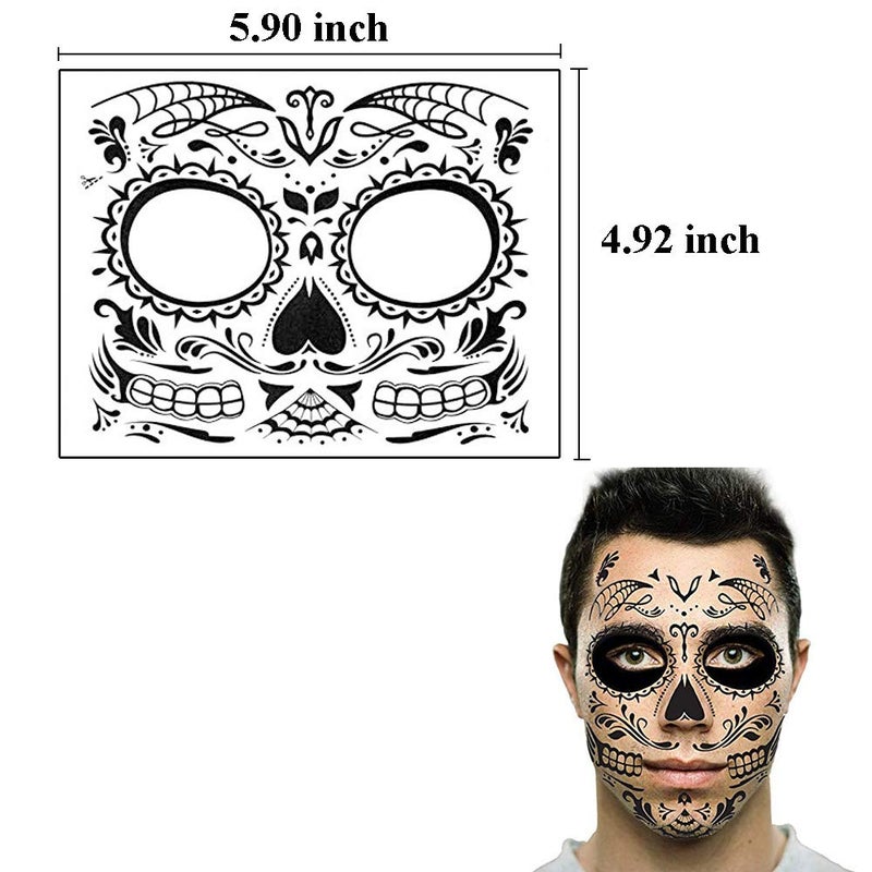 MANGOIT Halloween Face Tattoo Day of the Dead Tattoos Sugar Skull Water Transfer Stickers(5 PACK) with Floral Red Rose Black Web Fake Face Mask Tattoo for Mexican Halloween Parties Favor Supplies, Masquerade - Image 4